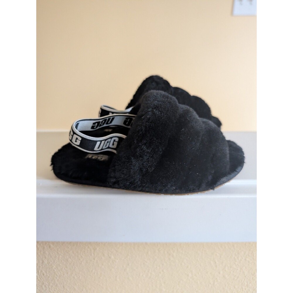 Ugg Toddler Girl's Fluff Yeah Sheepskin Slingbacks Clogs Slides Sandals Black 12